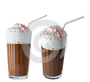 Cappuccino coffee with whipped cream in a tall glass. A tube for a cocktail. Cream confectionery. Isolate on a white background.