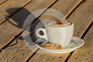 Cappuccino coffee in a white cup. with cinnamone and biscuits photo