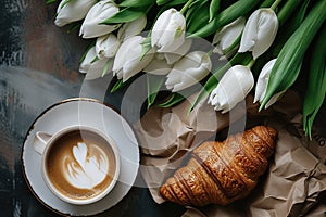 Cappuccino and croissant breakfast with white tulips on a table., Generated AI
