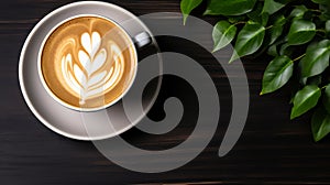 Cappuccino cup with beans and leaves on black background, coffee day banner mockup with text space