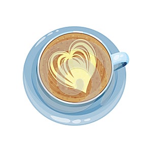 Cappuccino cup with heart design on top, drawings on coffee crema vector Illustration on a white background