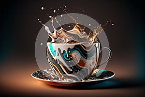 A cappuccino cup of liquid chocolate with milk, splashes of milk and chocolate in dynamic composition, aromatic coffee splashing