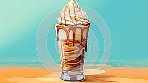 cappuccino, elegantly presented in a transparent glass with a swirl of whipped cream and a drizzle of caramel