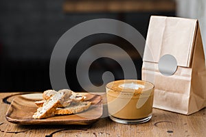 Cappuccino flatwhite coffee with nut cookies