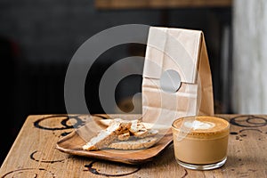 Cappuccino flatwhite coffee with nut cookies