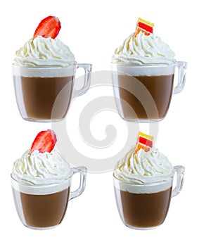 Cappuccino in a glass mug with whipped cream, an invigorating hot drink. Isolated object on white background. Picture, picture.