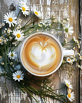 Cappuccino with heart latte art surrounded by fresh wild daisies on a rustic wooden background