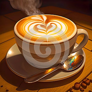 Cappuccino hot cup of creamy coffee with love heart coffee art on top of foam