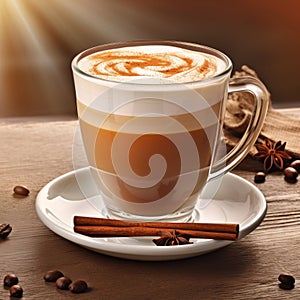 cappuccino latte in glass cup on wooden table with coffee beans cinnamon and star anise