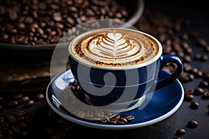a cappuccino latte with a heart design on a blue saucer on a dark table with coffee beans reklamnÃÂ­ fotografie photo