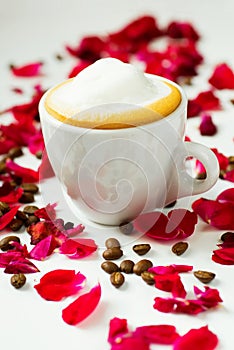 Cappuccino,red rose leaf, coffee bean