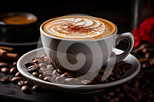 a cappuccino in a white cup on a saucer next to coffee beans