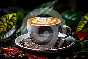 a cappuccino in a white cup on a saucer surrounded by coffee beans