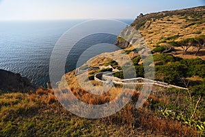 Capraia island shore and path to castle Elba, Tuscany, Italy, Eu