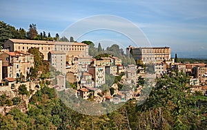 Caprarola, Viterbo, Lazio, Italy: landscape of the old town with the ancient buildings Villa Farnese and the former stables