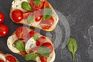 Caprese bruschetta toasts with mozzarella, cherry tomatoes and fresh garden basil.Traditional italian appetizer or snack