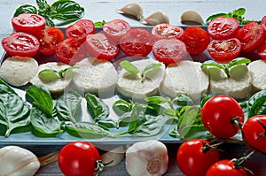 Caprese salad on the gray plate decorated with organic ingredients: sliced mozzarella cheese, cherry tomatoes, fresh basil leaves