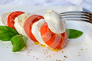 Caprese salad made with fresh soft white italian cheese mozzarella buffalo, green basil, red tomatoes and origano herb photo