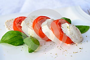Caprese salad made with fresh soft white italian cheese mozzarella buffalo, green basil, red tomatoes and origano herb photo