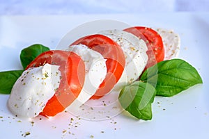 Caprese salad made with fresh soft white italian cheese mozzarella buffalo, green basil, red tomatoes and origano herb photo