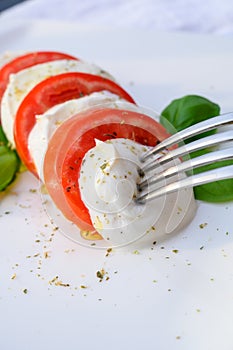 Caprese salad made with fresh soft white italian cheese mozzarella buffalo, green basil, red tomatoes and origano herb photo