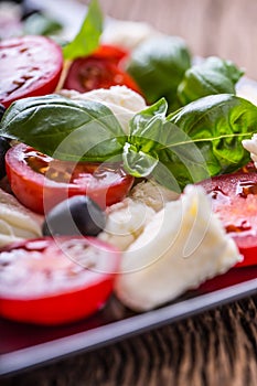 Caprese Salad.Mediterranean salad. Mozzarella cherry tomatoes basil and olive oil on old oak table. Italian cuisine