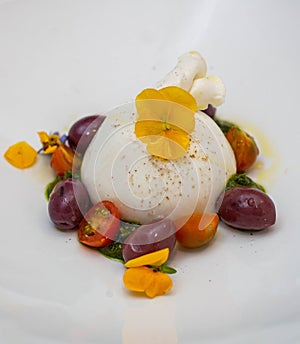 A caprese salad with mozzarella cheese made with donkey\'s milk, colored cherry tomatoes and basil, all on a white plate