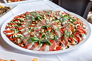 Caprese salad with mozzarella tomato, basil and balsamic vinegar arranged on white plate