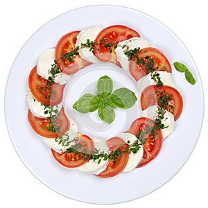 Caprese salad with tomatoes and mozzarella cheese from above