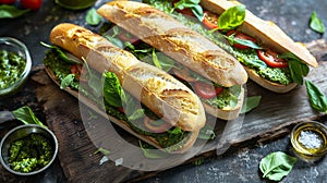 Caprese sandwiches with mozzarella cheese, nasturtium leaf pesto on a table. Bazil leaves. AI
