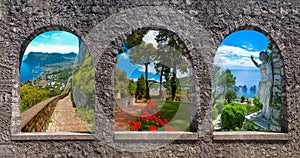 Capri, beautiful and famous island in the Mediterranean Sea Coast, Naples. Italy. Collage