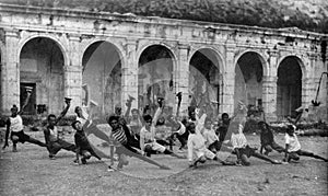 Capri, Itali, 1927 - Young Italians do gymnastic exercises in the Certosa of Capri during the fascism