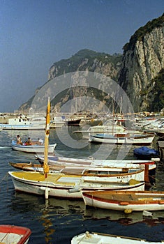 CAPRI, ITALY, 1987 - Dozens of boats moor in the port of Marina Grande in Capri