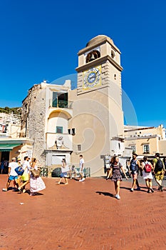 High clock tower at the Piazzetta di Capri at center of island