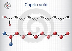Capric acid, decanoic acid or decylic acid molecule. It is saturated fatty acid. Sheet of paper in a cage