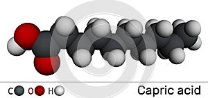 Capric acid, decanoic acid or decylic acid molecule. It is saturated fatty acid. Molecular model. 3D rendering photo