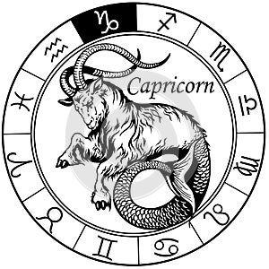 Capricorn astrological zodiac sign. Black and white