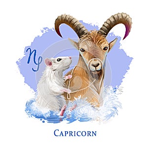 Capricorn creative digital illustration of astrological sign. Rat or mouse symboll of 2020 year signs in zodiac. Horoscope earth