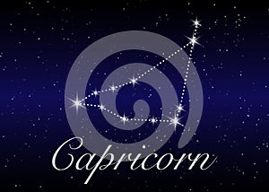 Capricorn zodiac constellations sign on beautiful starry sky with galaxy and space behind. Goat horoscope symbol constellation