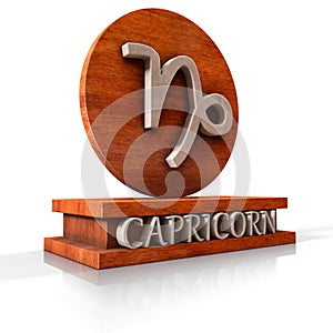 Capricorn zodiac sign. 3D illustration of the zodiac sign Capricorn made of stone on a wooden stand with the name of the sign at t