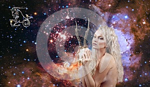 Capricorn Zodiac Sign. Astrology and horoscope, Beautiful woman Capricorn on the galaxy background