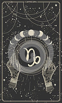 Capricorn zodiac sign, earth element, vintage astrology card for stories, horoscope. Vector hand drawn illustration on a