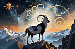 Capricorn Zodiac Sign Embodied as a Magic Astrology Goat Climbing the Peaks of a Star-Studded Mountain