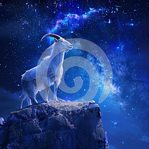 Capricorn Zodiac Sign, Goat Horoscope Symbol, Magic Astrology Ibex, Goat in Fantastic Night Sky
