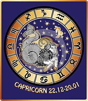 Capricorn zodiac sign.Horoscope circle.Retro