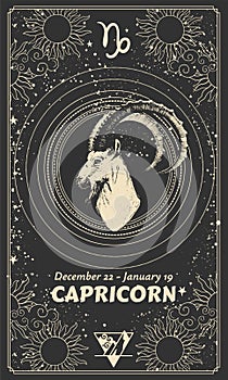 Capricorn zodiac sign, modern astrology card with horoscope symbols, sun, moon and stars, vintage illustration on black