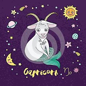 Capricorn zodiac sign on night sky background with stars