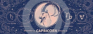 Capricorn zodiac sign, vector horoscope, constellation, realistic astrology symbol drawing, modern hand drawn banner on