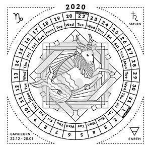 Capricorn zodiacal coloring book with caledar of year 2020