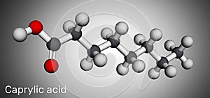 Caprylic acid , octanoic acid molecule. It is straight-chain saturated fatty and carboxylic acid. Salts are known as